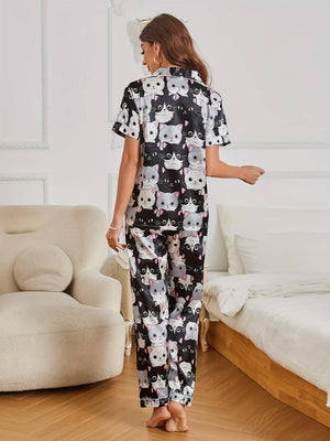 Cartoon Cat Print Pajama Set — Black by The Mississippi Mermaid Mercantile - view 6