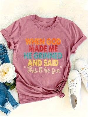 When God Made Me He Grinned Women's Tee, Funny Religious Quote Beige Top by The Mississippi Mermaid Mercantile - view 4