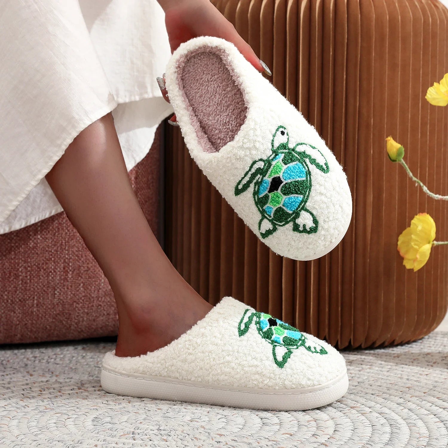 Sea Turtle Embroidered Plush Slippers — Cozy Coastal Indoor House Shoes by The Mississippi Mermaid Mercantile - view 6
