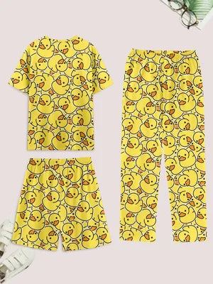Men's casual pajama set of 3 pieces, duck-print short-sleeved T-shirt, shorts, and pants, comfortable summer clothing by The