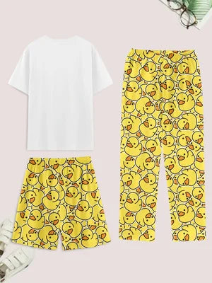 Men's casual pajama set of 3 pieces, duck-print short-sleeved T-shirt, shorts, and pants, comfortable summer clothing by The