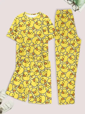 Men's casual pajama set of 3 pieces, duck-print short-sleeved T-shirt, shorts, and pants, comfortable summer clothing by The