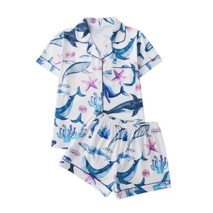 Ocean Whale & Starfish Print Pajama Set — Short Sleeve Lapel Top & Shorts Loungewear for Women by The Mississippi Mermaid