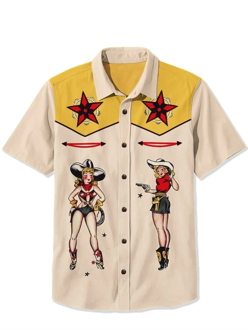 Giddy Up Cowgirl Retro Pin-Up Men's Shirt — Western Camp Collar Button-Down by The Mississippi Mermaid Mercantile