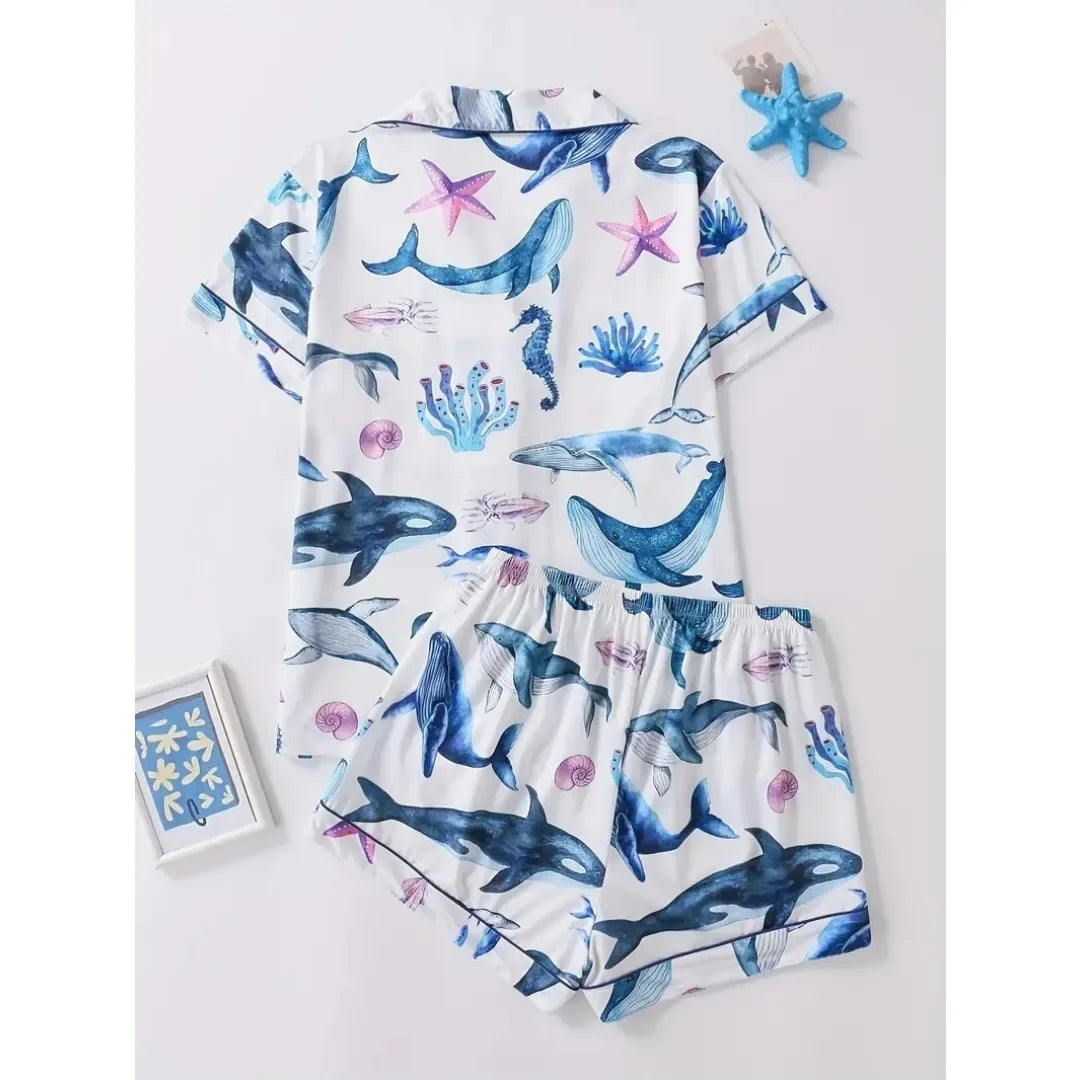 Ocean Whale & Starfish Print Pajama Set — Short Sleeve Lapel Top & Shorts Loungewear for Women by The Mississippi Mermaid