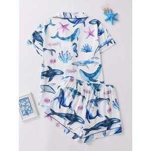 Ocean Whale & Starfish Print Pajama Set — Short Sleeve Lapel Top & Shorts Loungewear for Women by The Mississippi Mermaid