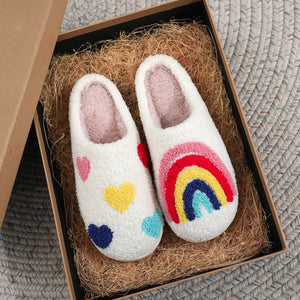 Women's Rainbow Heart Embroidered Plush Slippers — Soft Furry Indoor House Shoes by The Mississippi Mermaid Mercantile