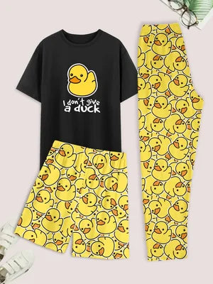 Men's casual pajama set of 3 pieces, duck-print short-sleeved T-shirt, shorts, and pants, comfortable summer clothing by The