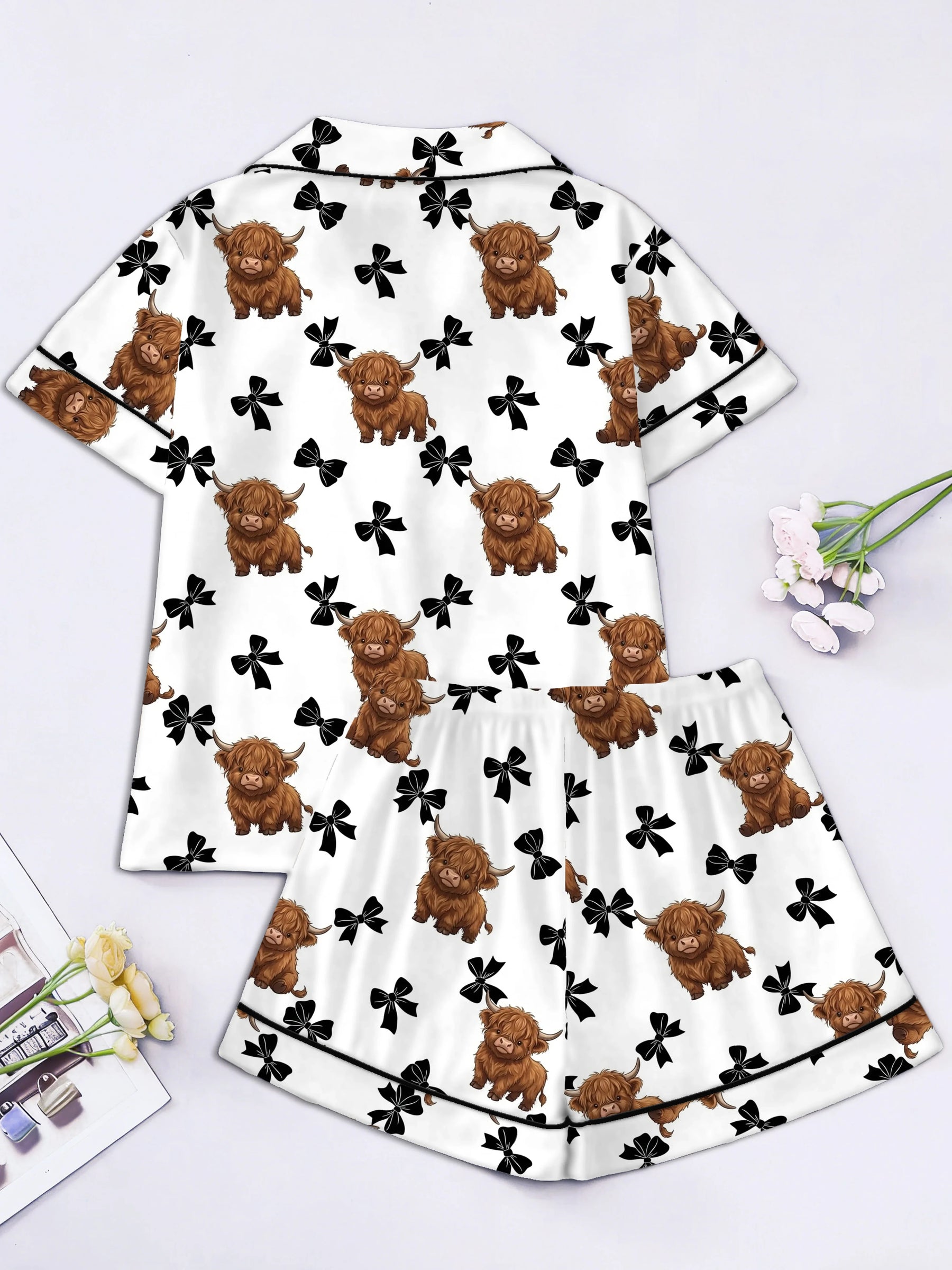 Highland Cow & Black Bow Women's Pajama Set — Short Sleeve Top & Shorts by The Mississippi Mermaid Mercantile - view 5
