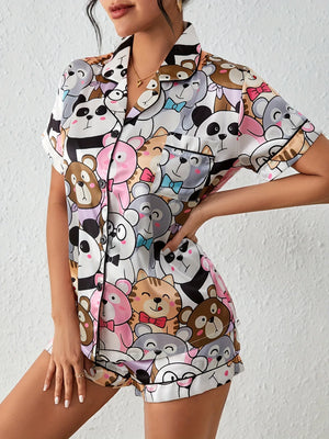 Cute Cartoon Print Satin Pajama Set — Multicolor by The Mississippi Mermaid Mercantile