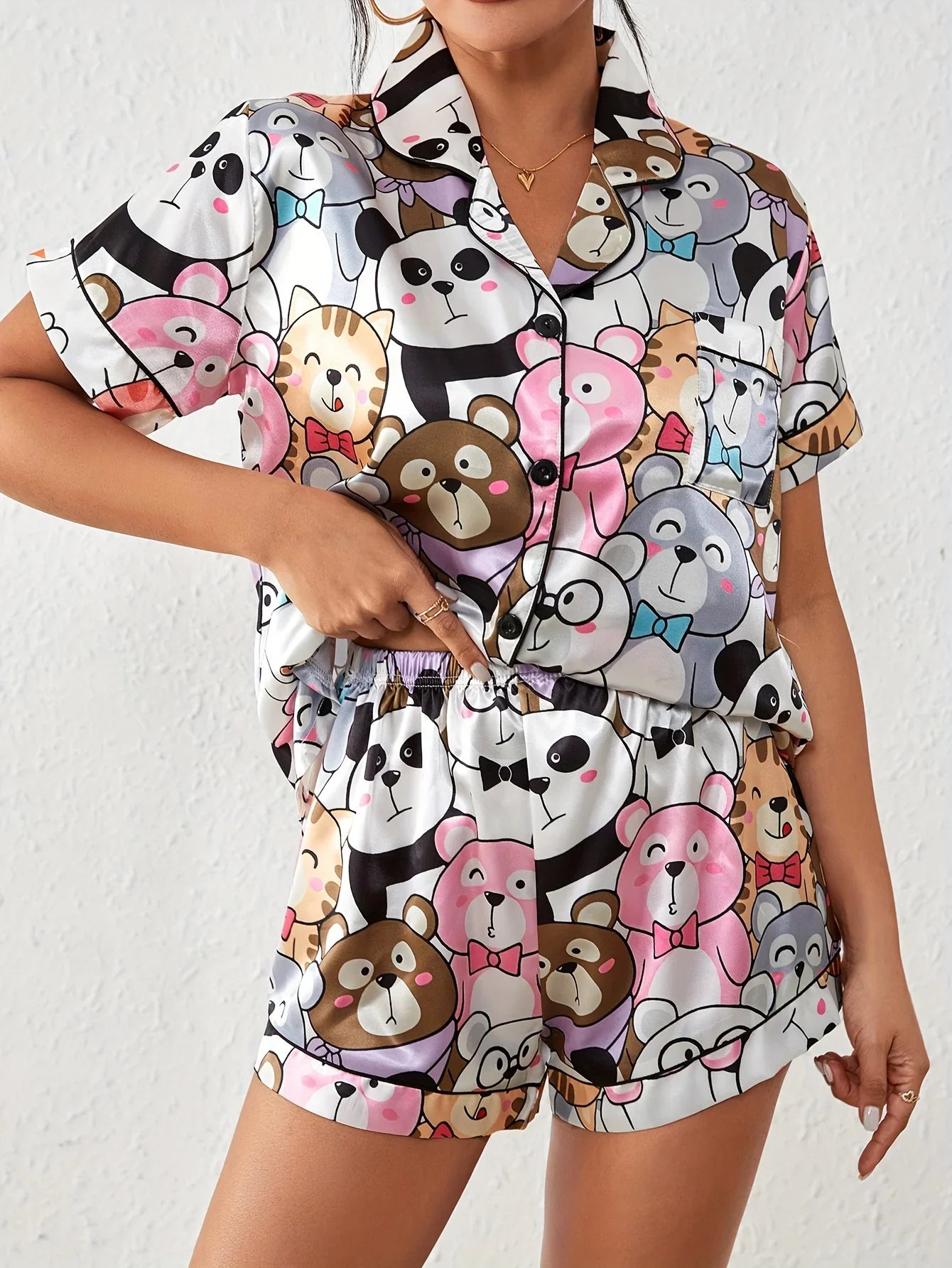 Cute Cartoon Print Satin Pajama Set — Multicolor by The Mississippi Mermaid Mercantile - view 6