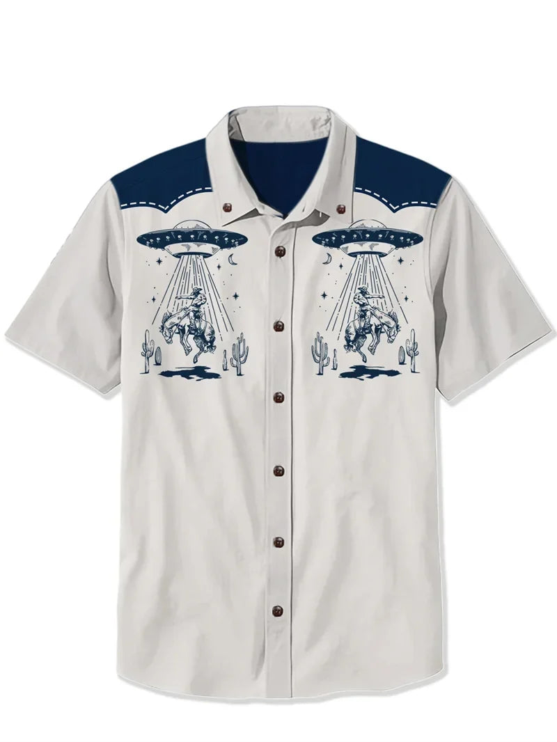 Retro Rocket Moon Men's Shirt — Space Print Camp Collar Button-Down by The Mississippi Mermaid Mercantile - view 2