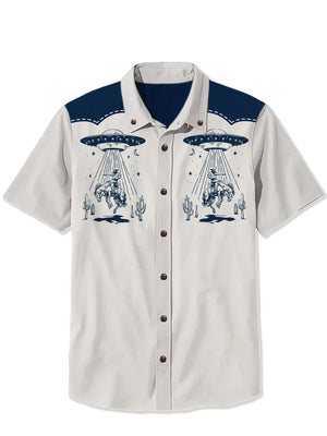 Retro Rocket Moon Men's Shirt — Space Print Camp Collar Button-Down by The Mississippi Mermaid Mercantile - view 2