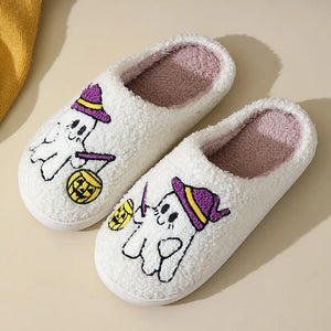 Halloween Ghost Witch Plush Slippers — Cozy Embroidered Indoor House Shoes by The Mississippi Mermaid Mercantile - view 5