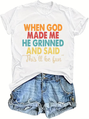 When God Made Me He Grinned Women's Tee, Funny Religious Quote Beige Top by The Mississippi Mermaid Mercantile - view 3