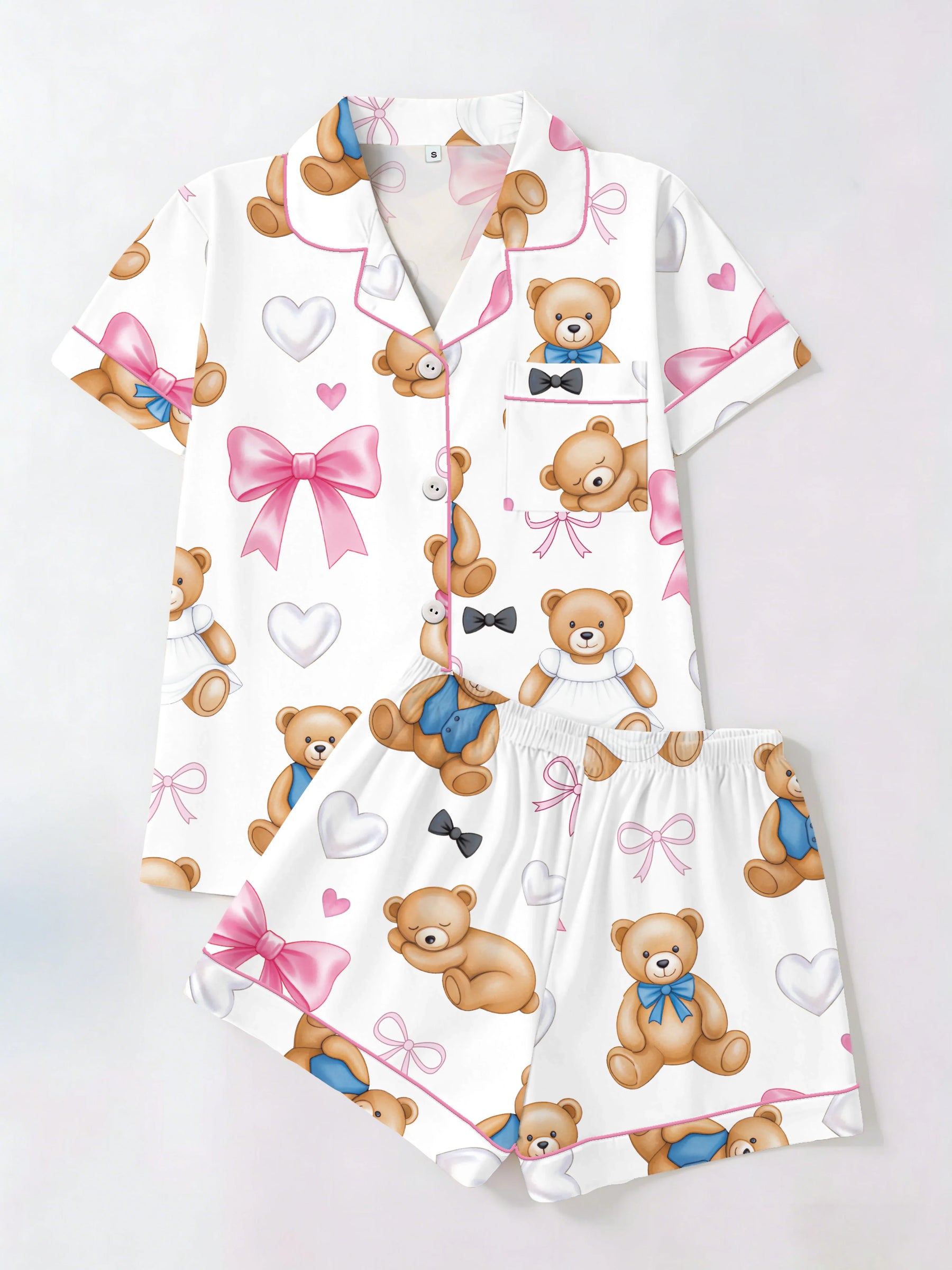 Teddy Bear & Pink Bow Women's Pajama Set — Short Sleeve Top & Shorts by The Mississippi Mermaid Mercantile - view 5