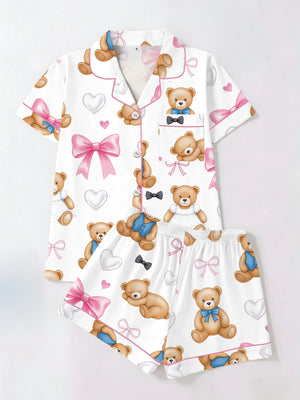 Teddy Bear & Pink Bow Women's Pajama Set — Short Sleeve Top & Shorts by The Mississippi Mermaid Mercantile - view 5