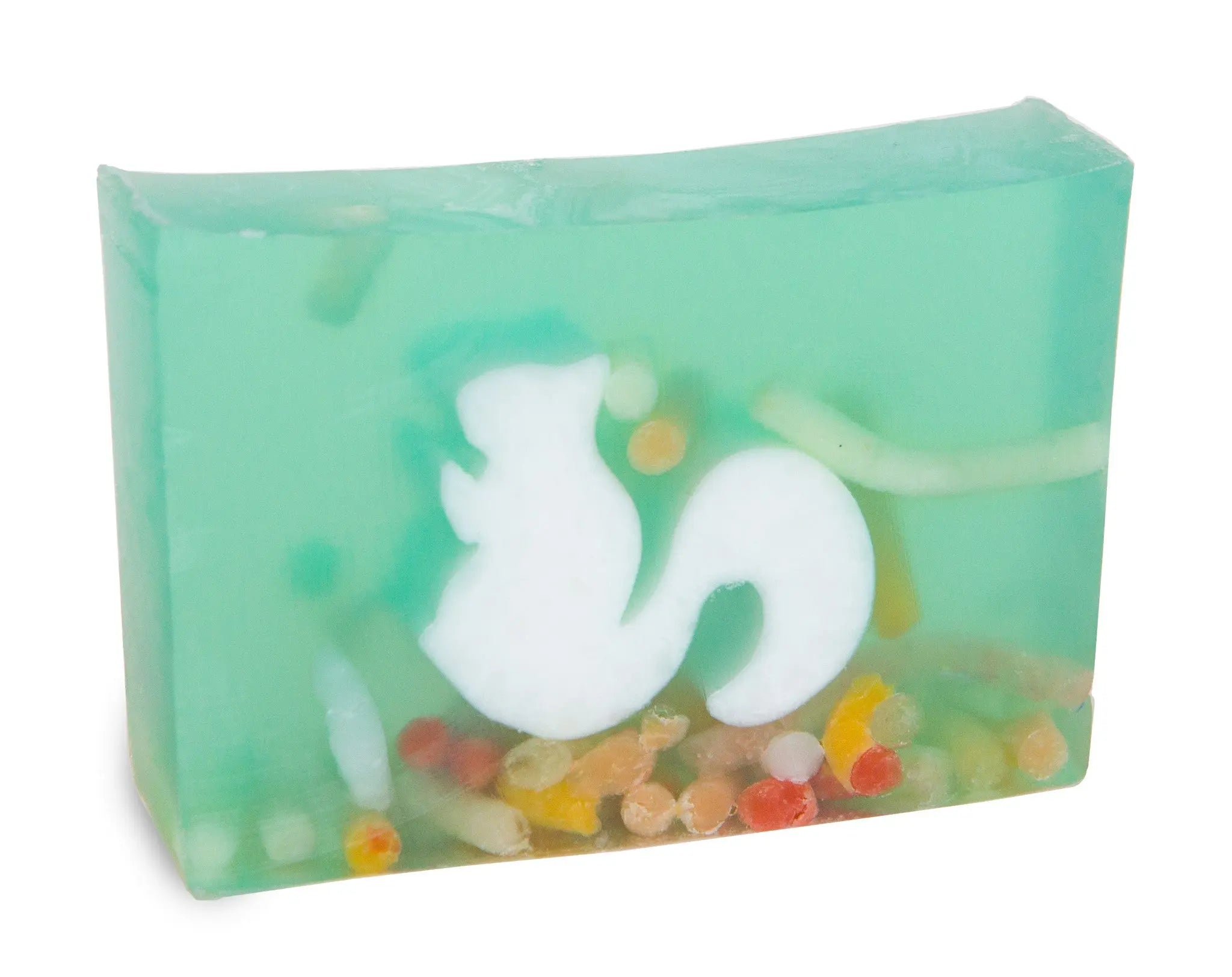 Green translucent soap with embedded white squirrel figure and colorful beads