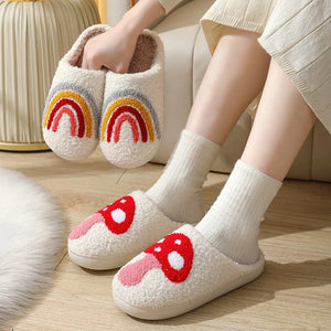 Rainbow & Mushroom Plush Women's Slippers — Cozy Furry Indoor House Shoes by The Mississippi Mermaid Mercantile