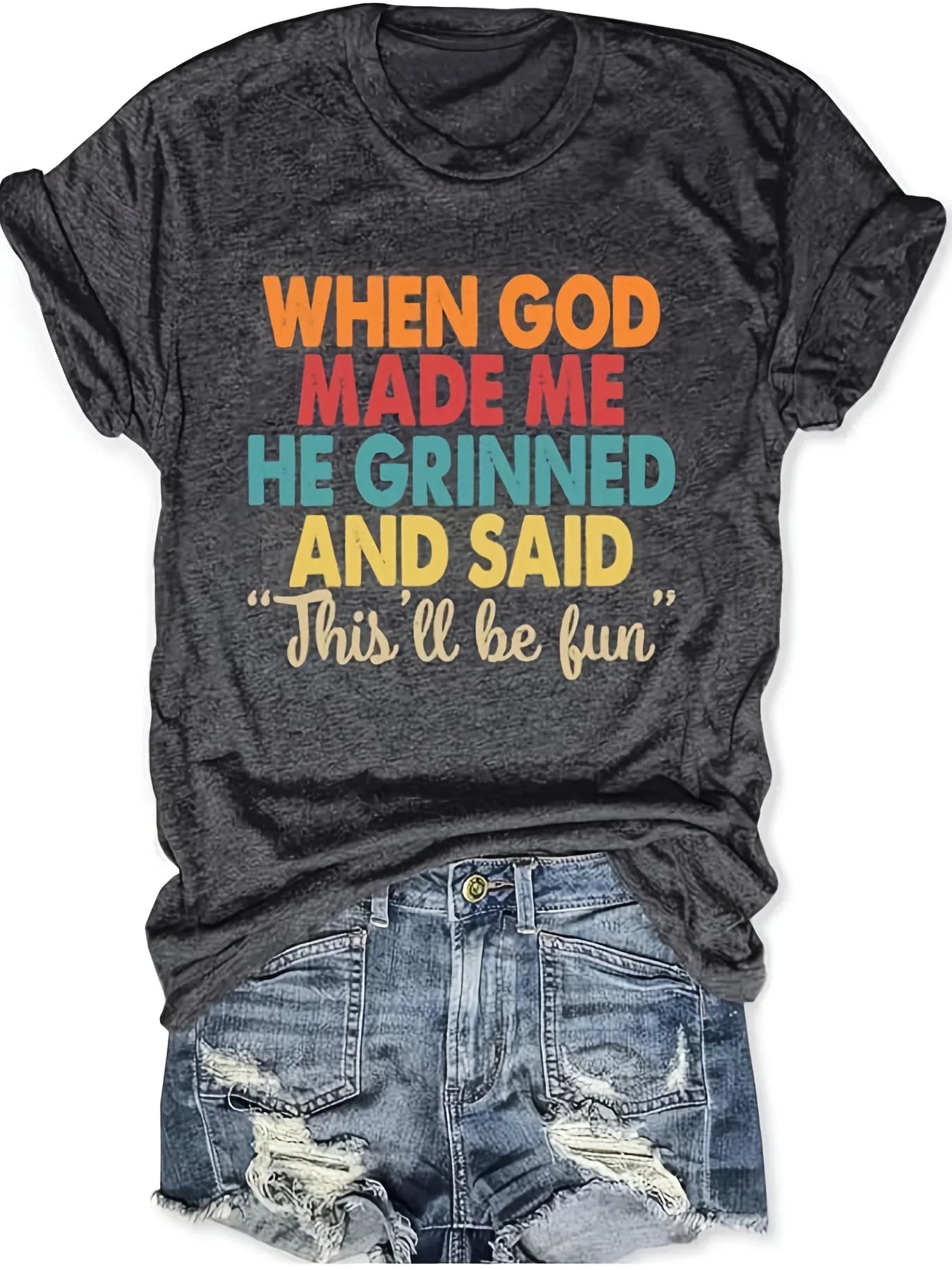 When God Made Me He Grinned Women's Tee, Funny Religious Quote Beige Top by The Mississippi Mermaid Mercantile - view 6