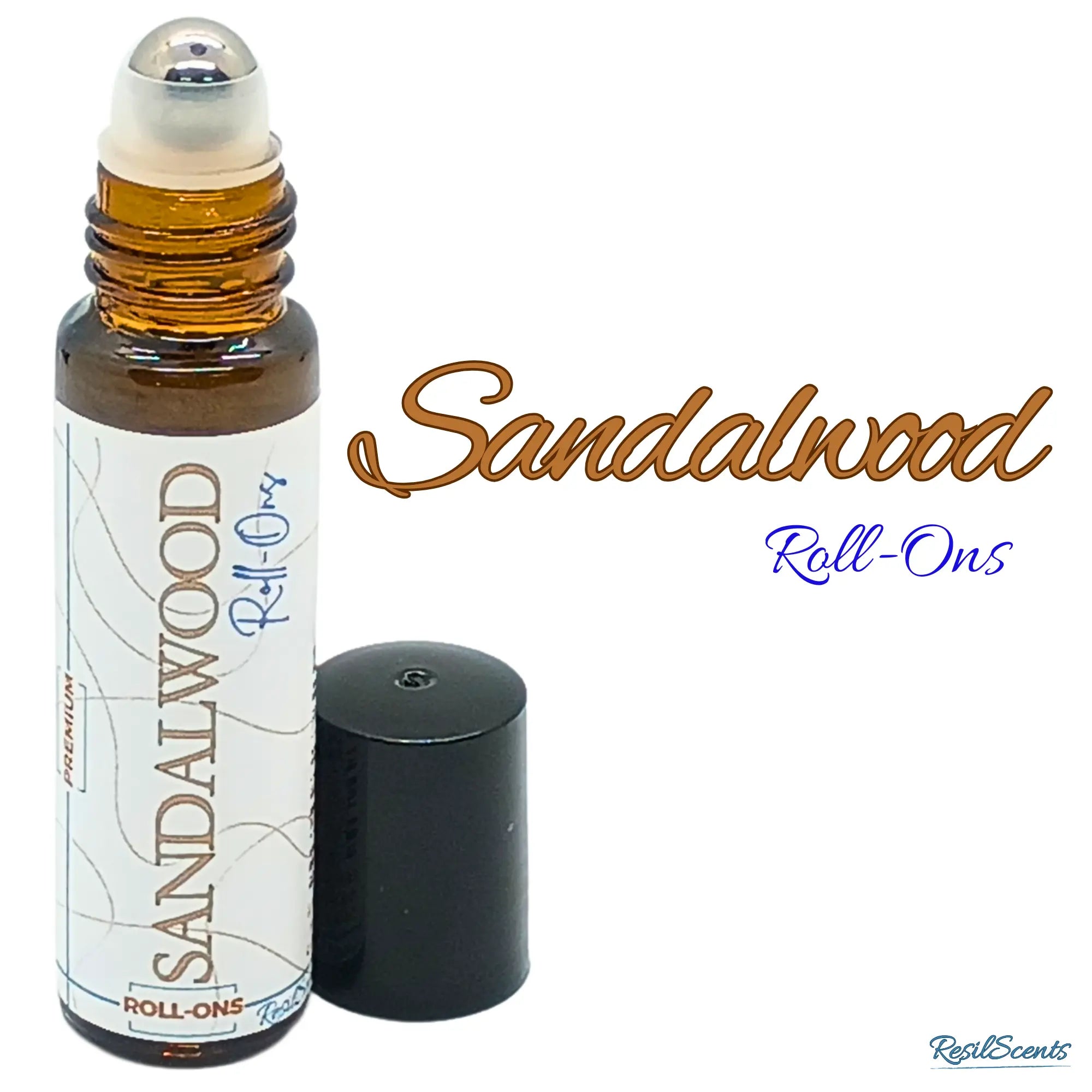Sandalwood roll-on essential oil in an amber glass bottle with a black cap and the product label visible.