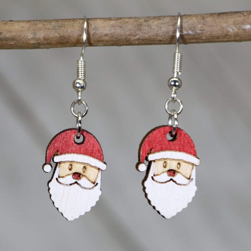 Santa Claus Wooden Dangle Earrings | Christmas Holiday Jewelry