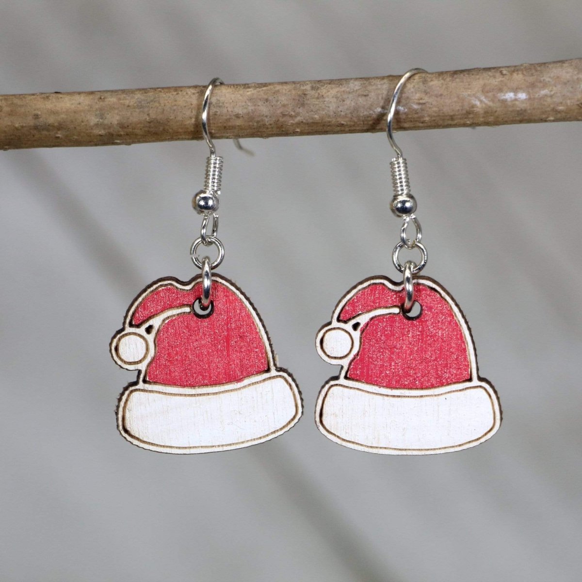 Santa Hat Wooden Dangle Earrings | Christmas Holiday Jewelry