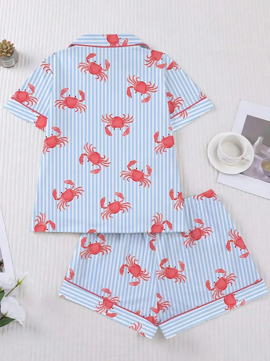 Crab Print Women's Pajama Set — Short Sleeve Top & Loose Shorts Loungewear by The Mississippi Mermaid Mercantile - view 2
