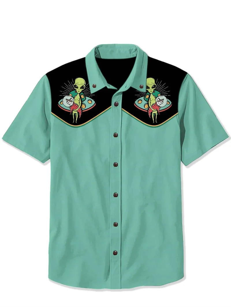 Alien Space Cat Men's Shirt — Retro Camp Collar Button-Down by The Mississippi Mermaid Mercantile