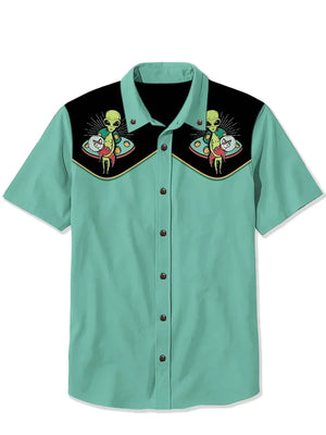 Alien Space Cat Men's Shirt — Retro Camp Collar Button-Down by The Mississippi Mermaid Mercantile