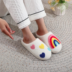 Women's Rainbow Heart Embroidered Plush Slippers — Soft Furry Indoor House Shoes by The Mississippi Mermaid Mercantile - view