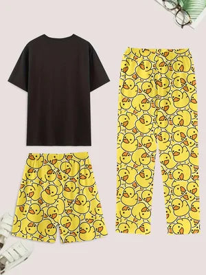 Men's casual pajama set of 3 pieces, duck-print short-sleeved T-shirt, shorts, and pants, comfortable summer clothing by The