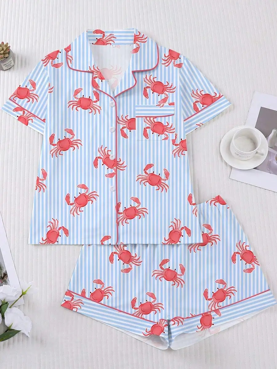 Crab Print Women's Pajama Set — Short Sleeve Top & Loose Shorts Loungewear by The Mississippi Mermaid Mercantile