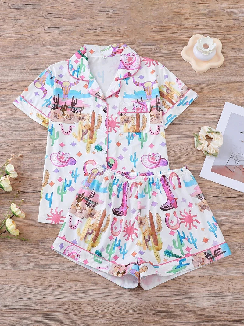 Boots Scootin' Women's Pajama Set — Button-Down Top & Shorts with Cowgirl & Cactus Print by The Mississippi Mermaid