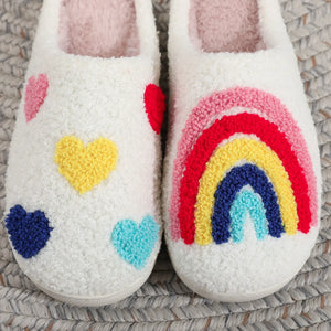 Women's Rainbow Heart Embroidered Plush Slippers — Soft Furry Indoor House Shoes by The Mississippi Mermaid Mercantile - view