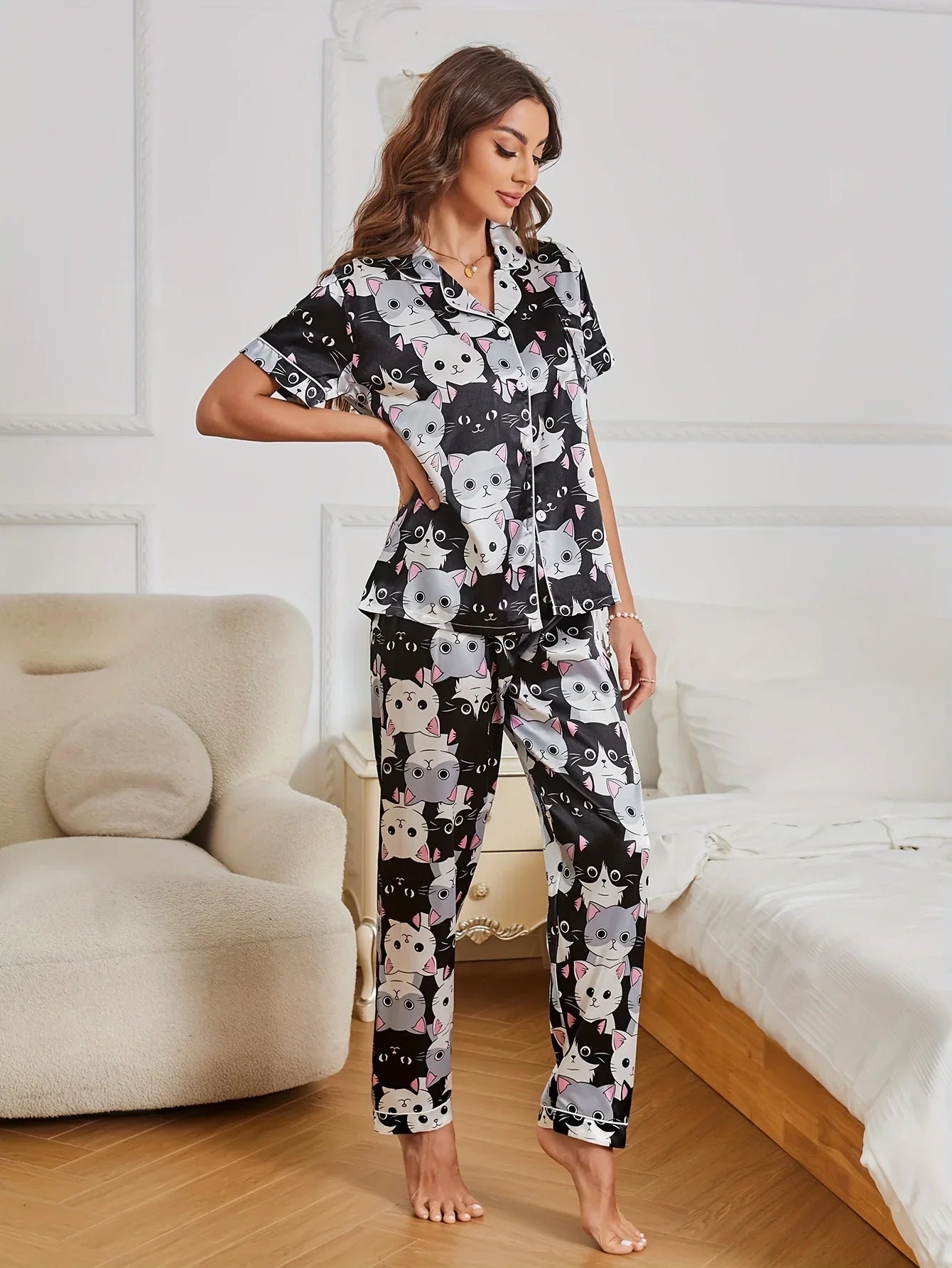 Cartoon Cat Print Pajama Set — Black by The Mississippi Mermaid Mercantile - view 5