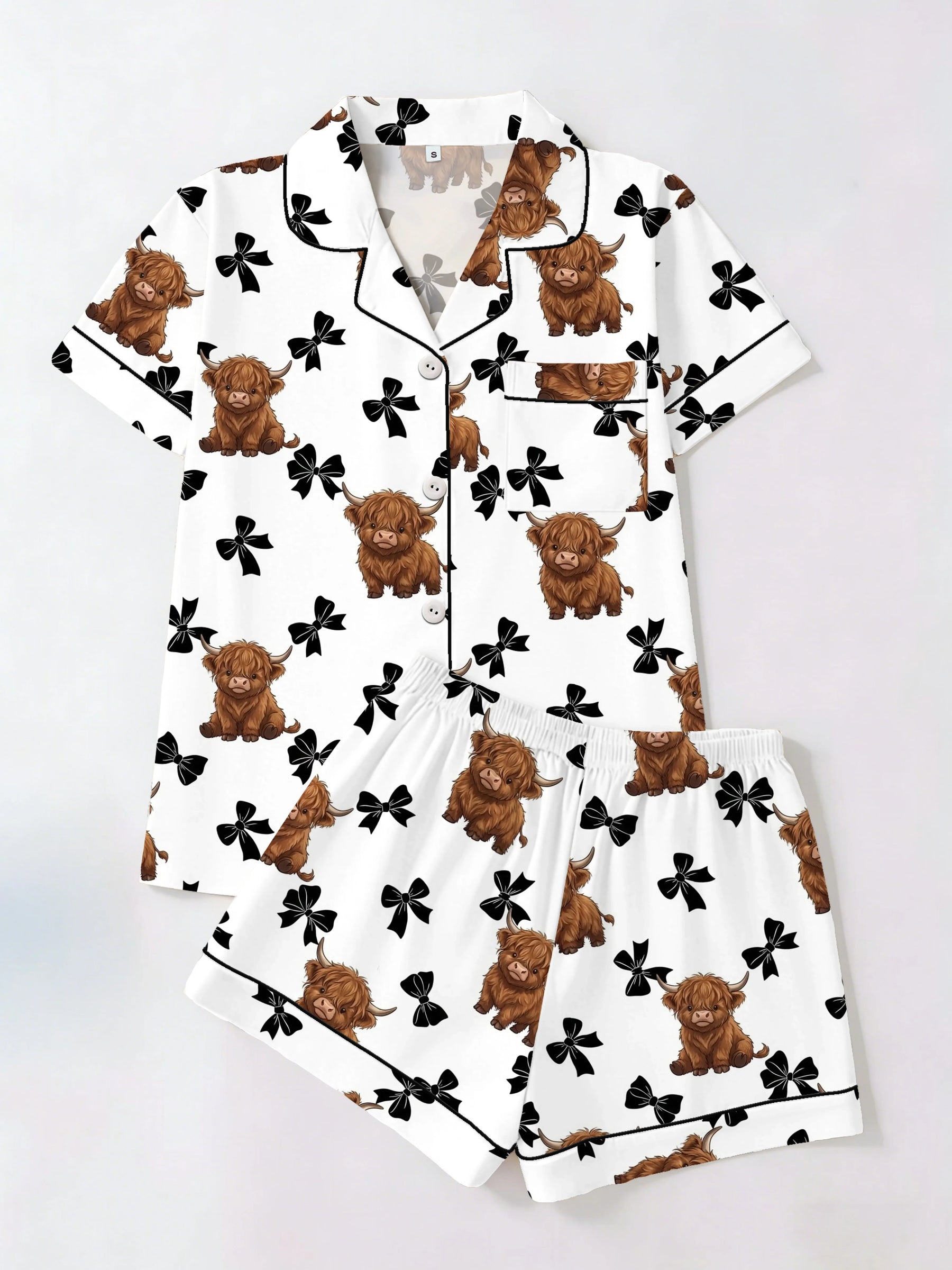 Highland Cow & Black Bow Women's Pajama Set — Short Sleeve Top & Shorts by The Mississippi Mermaid Mercantile - view 4