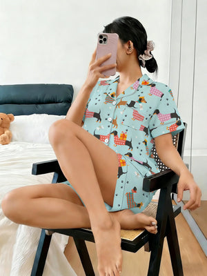 Festive Dachshund Print Women's Pajama Set — Short Sleeve Top & Shorts by The Mississippi Mermaid Mercantile - view 3