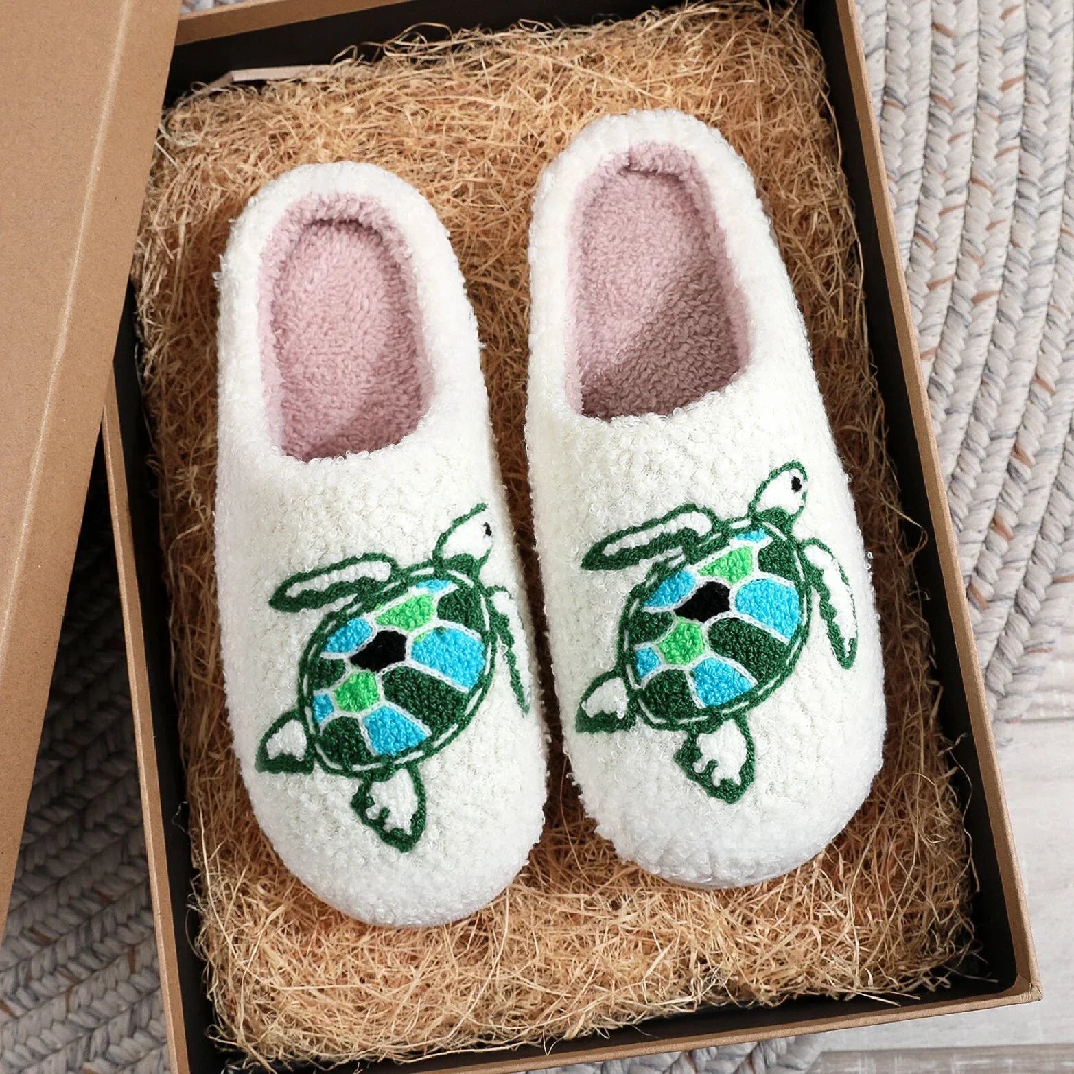 Sea Turtle Embroidered Plush Slippers — Cozy Coastal Indoor House Shoes by The Mississippi Mermaid Mercantile