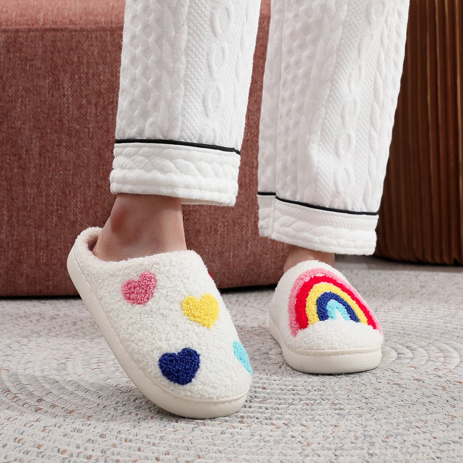 Women's Rainbow Heart Embroidered Plush Slippers — Soft Furry Indoor House Shoes by The Mississippi Mermaid Mercantile - view