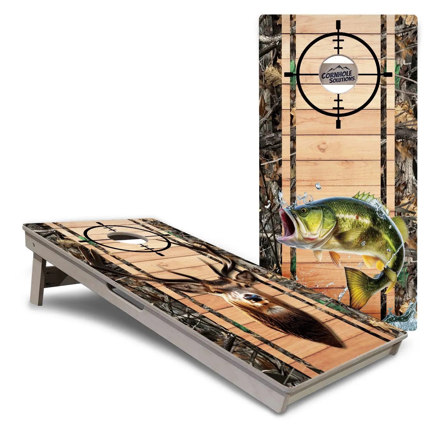 Scope Deer & Fish Plank Cornhole Boards - Professional Tournament Series by Cornhole Solutions, custom cornhole board main product photo