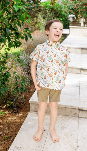 Jazz Festin' Short Sleeve Collared Shirt by Nola Tawk, Southern lifestyle apparel detail photo 2