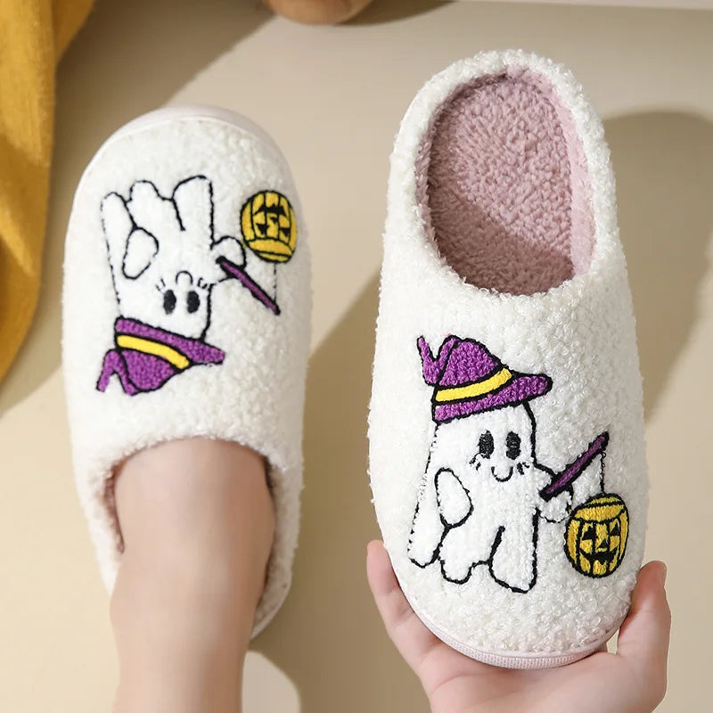Halloween Ghost Witch Plush Slippers — Cozy Embroidered Indoor House Shoes by The Mississippi Mermaid Mercantile