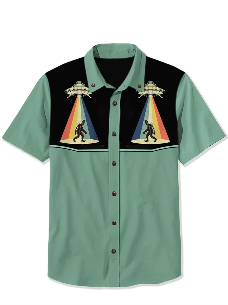 Alien vs Bigfoot Hawaiian Shirt — Men's Retro Camp Collar Button-Down by The Mississippi Mermaid Mercantile