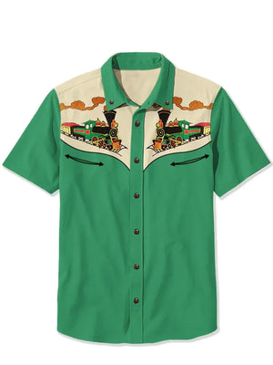 Retro Rocket Moon Men's Shirt — Space Print Camp Collar Button-Down by The Mississippi Mermaid Mercantile - view 3