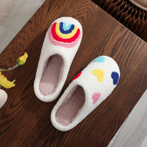 Women's Rainbow Heart Embroidered Plush Slippers — Soft Furry Indoor House Shoes by The Mississippi Mermaid Mercantile - view