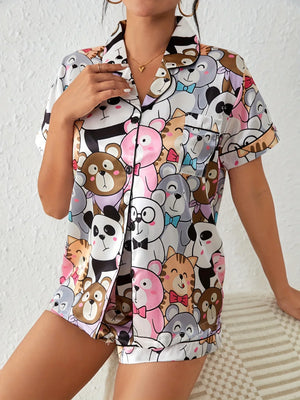 Cute Cartoon Print Satin Pajama Set — Multicolor by The Mississippi Mermaid Mercantile - view 3