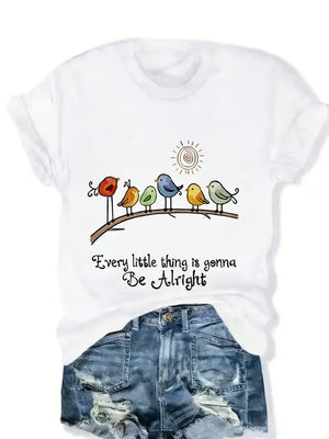 Colorful Birds on a Branch Women's Graphic Tee — Whimsical Sunshine Design by The Mississippi Mermaid Mercantile