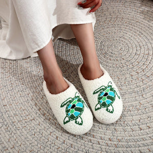 Sea Turtle Embroidered Plush Slippers — Cozy Coastal Indoor House Shoes by The Mississippi Mermaid Mercantile - view 5