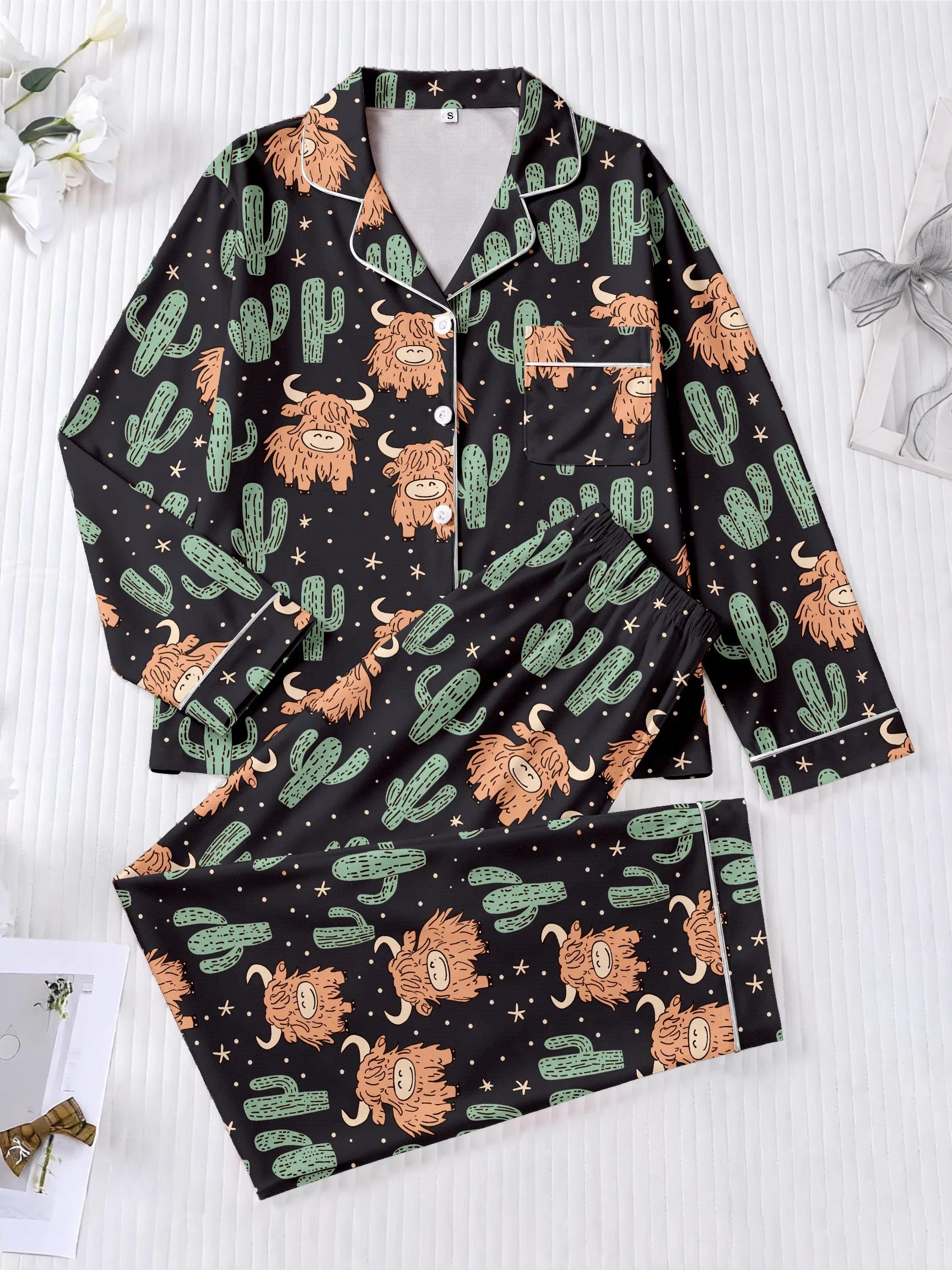Highland Cow & Cactus Women's Pajama Set — Long Sleeve Top & Pants by The Mississippi Mermaid Mercantile
